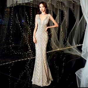 Embellished sequin fishtail maxi dress gown
